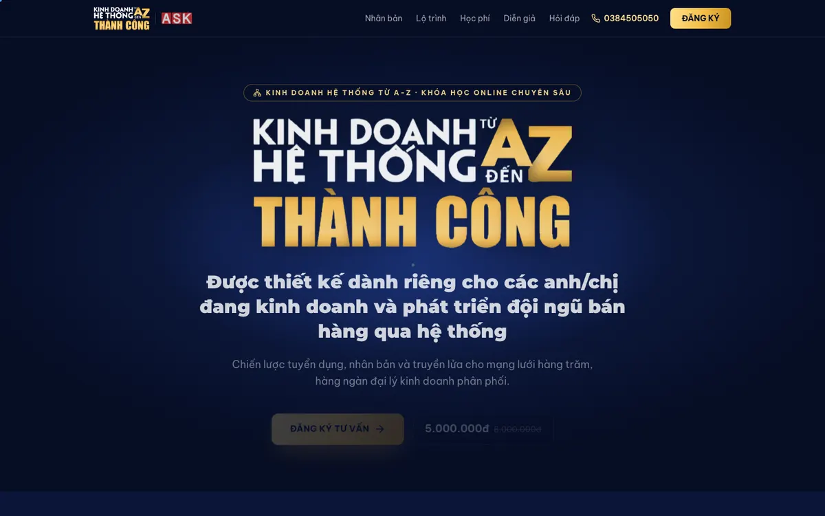 Ảnh chụp landing page Kinh Doanh Hệ Thống A-Z