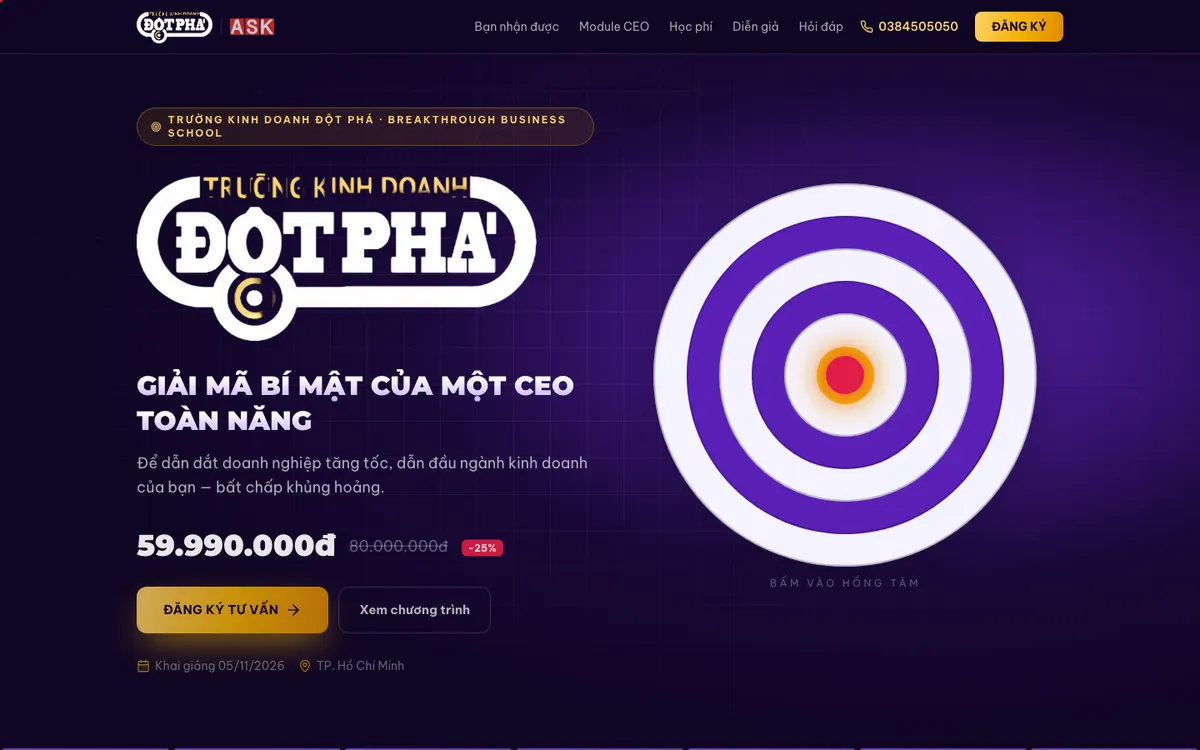 Ảnh chụp landing page Trường Kinh Doanh Đột Phá